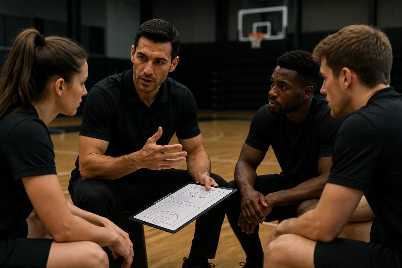 A referee educator leading a seated group discussion on court using a court diagram