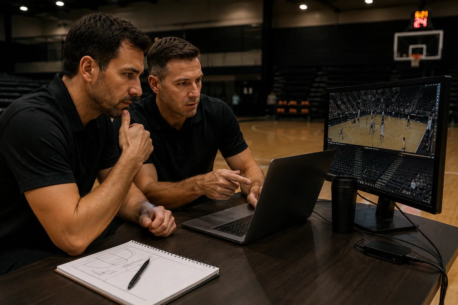 Two referee-program staff reviewing game footage at a courtside workstation