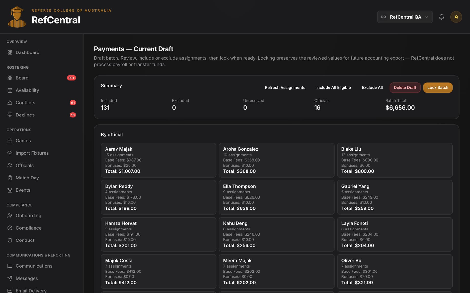 A RefCentral payment batch showing per-official fees, bonuses and the batch total