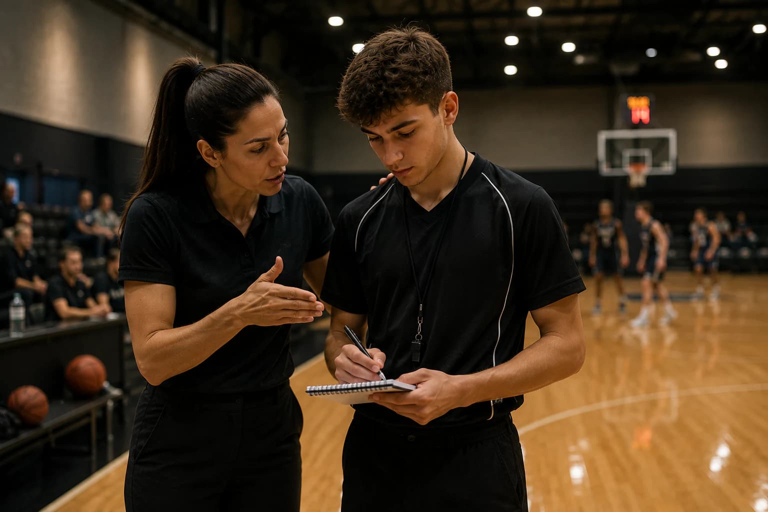 A referee educator giving one-to-one feedback to a young official taking notes courtside