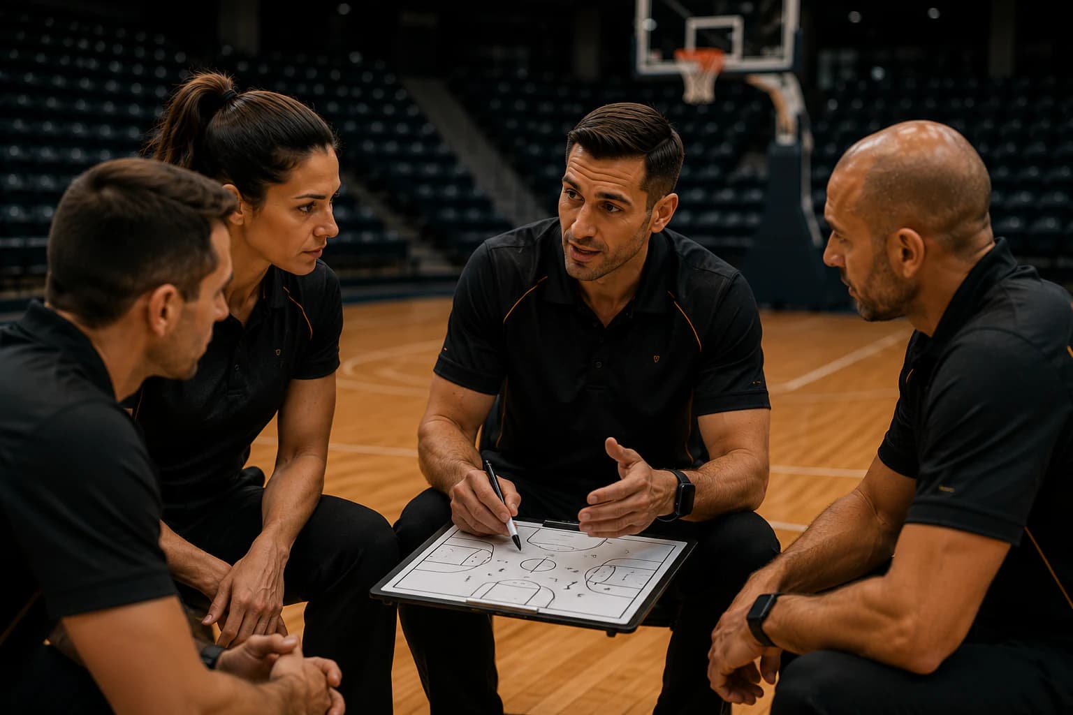 A referee educator briefing three officials seated on court, using a court whiteboard